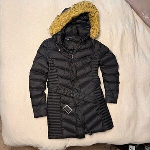Brooks Brothers Women's Black Down Puffer - Removable Faux Fur Hood and Belt
